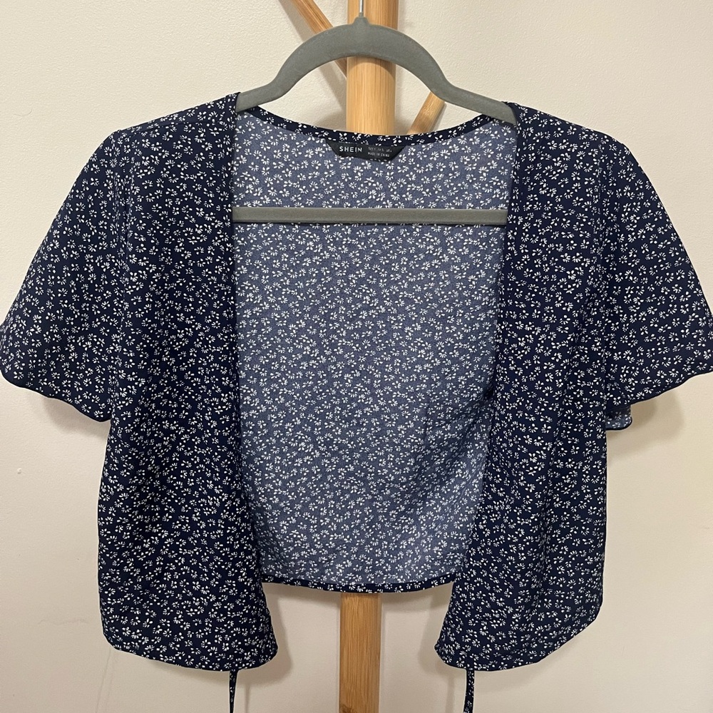 Navy Blue Floral Pattered Wrap Top